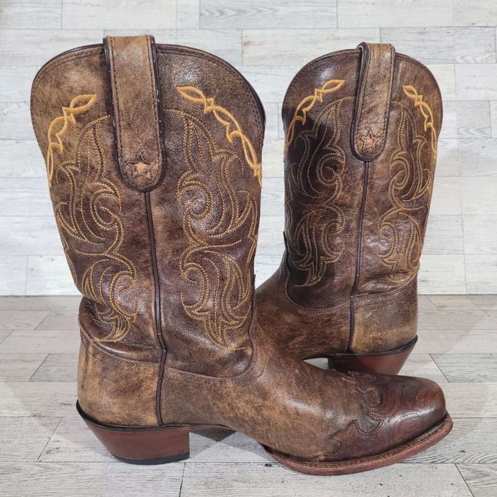 Tony Lama Brown Heeled Boots with Gold Embroidery - Picture 6 of 9